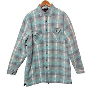 Vintage‎ Woodland Men Green Plaid Flannel Button Up Long Sleeve Pocket Tee Shirt